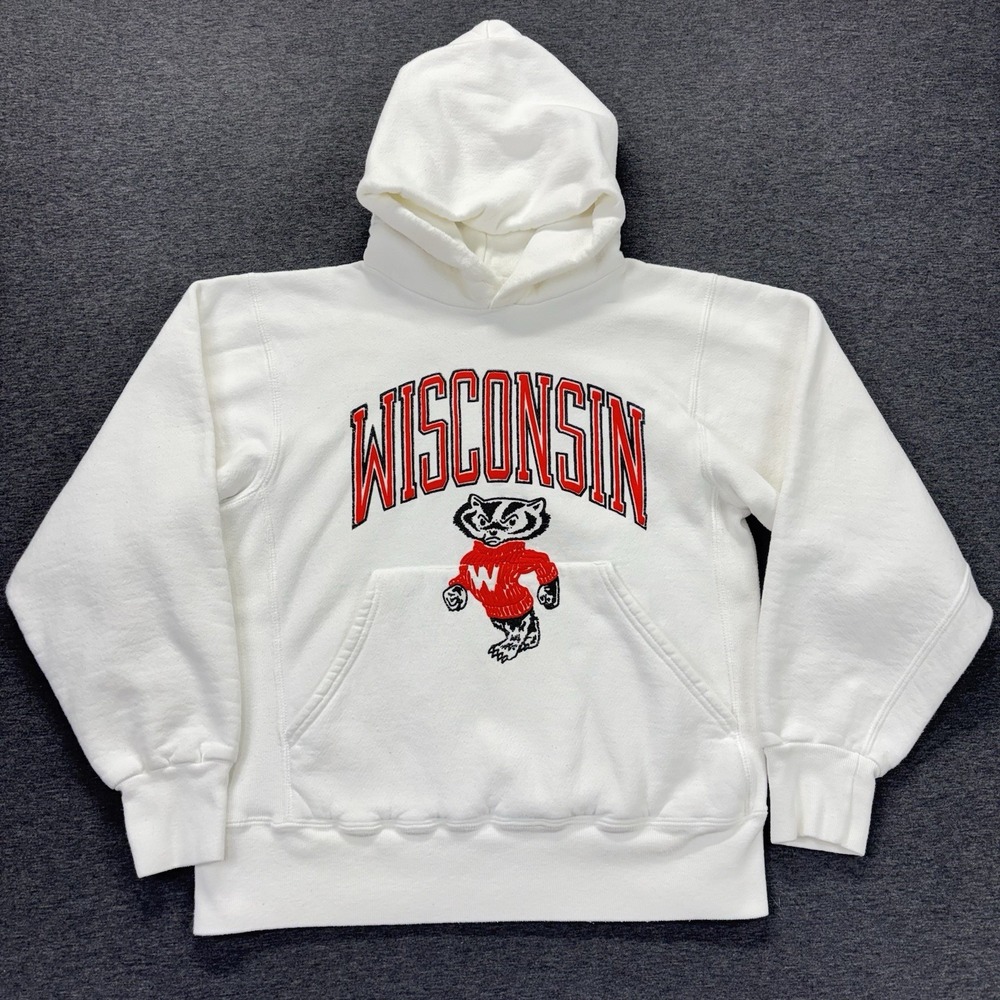 Vintage Wisconsin Badgers Hoodie Sweatshirt Mens M White NCAA Football Soffe